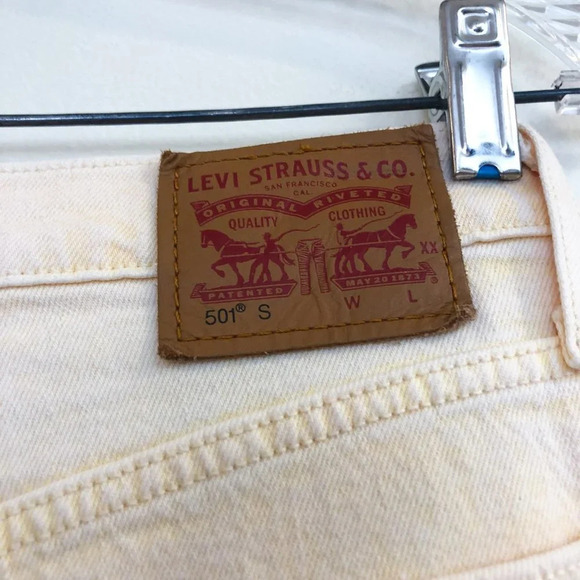 Levi's 501 High Waist Colorful Yellow Casual Denim Raw Hem Straight Leg Jeans 25 - Picture 8 of 10